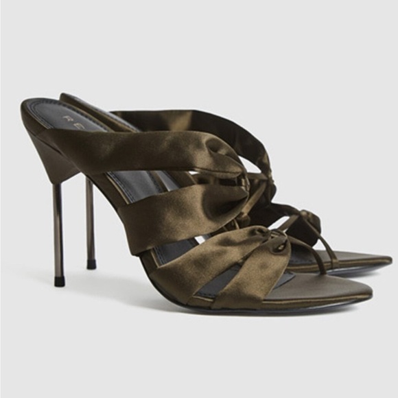 NEW Reiss Satin Pin Heel Mules in Khaki - Picture 1 of 10